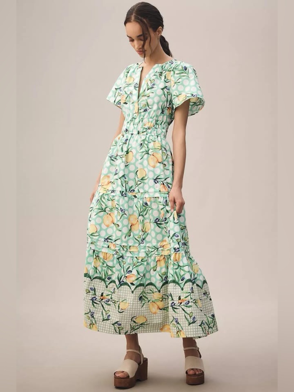 NWT Anthropologie Somerset Maxi Dress Mint Green Polka Dot Lemon Olive Print